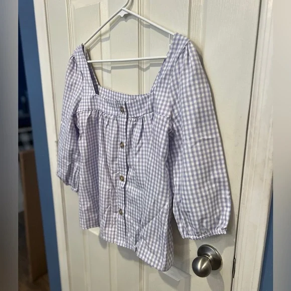 Gingham Lavender and White Blouse with Puff Sleeves cottagecore coastal cowgirl - Picture 3 of 10